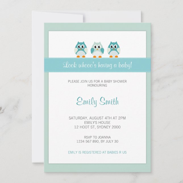 Owl Boy Baby Shower Invitation (Front)