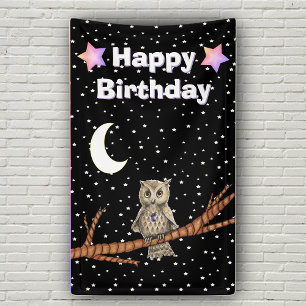 Owl Branch Purple Crystal Moon Stars Birthday Banner