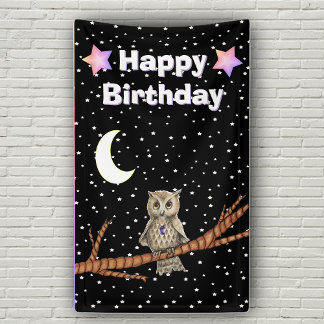Owl Branch Purple Crystal Moon Stars Birthday Banner