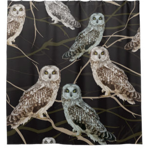 Owl Branch: Solitary Bird Perch. Shower Curtain