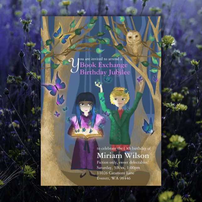 Owl & Butterflies Book Swap Birthday Invitation (purple blue book exchange book swap birthday party unique birthday invitation for girl)