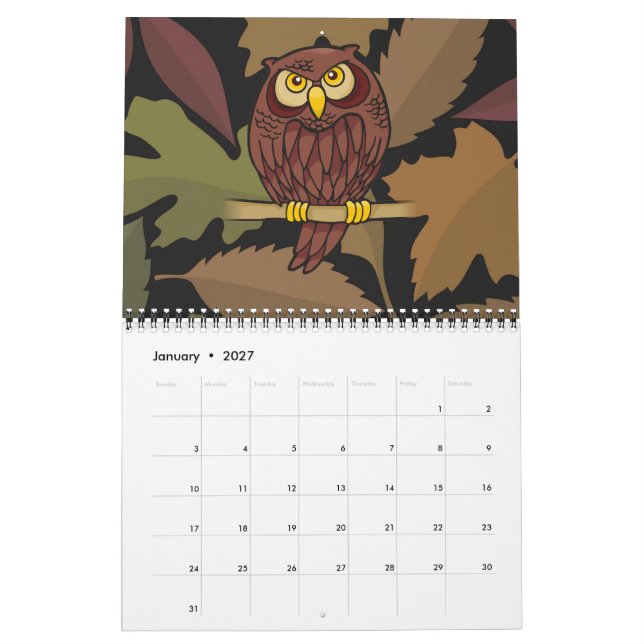 Owl Cartoon Calendar (Jan 2027)