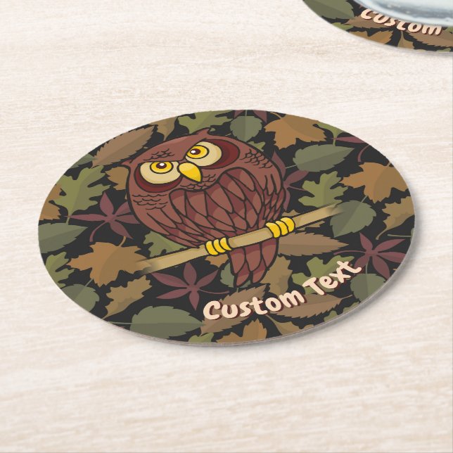 Owl Cartoon Round Paper Coaster (Angled)