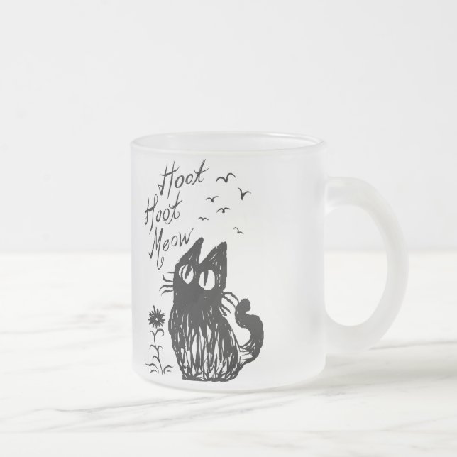 Owl Cat (Black) Frosted Glass Coffee Mug (Right)