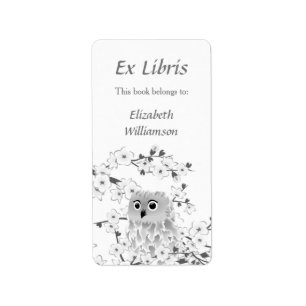Owl Cherry Blossom Ex Libris Add Name Bookplate Label