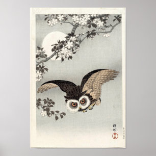 Owl, Cherry Blossoms, and Moon by Ohara Koson Poster