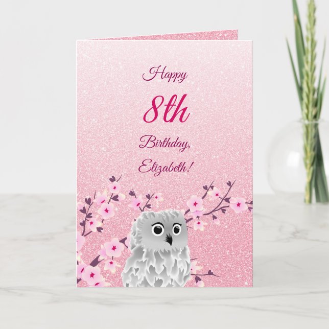 Owl Cherry Blossoms Happy Birthday Pink Glitter Card (Front)