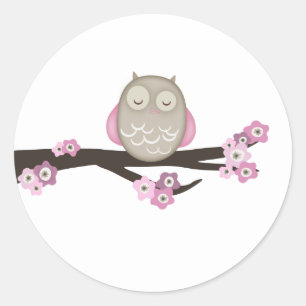 Owl & Cherry Blossoms {Pink} Stickers
