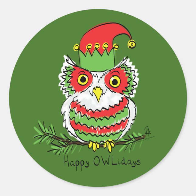 Owl Christmas Cute Funny Holiday Classic Round Sticker (Front)