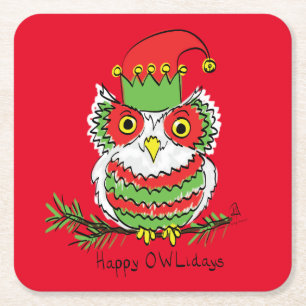 Owl Christmas Cute Funny Holiday Square Paper Coaster