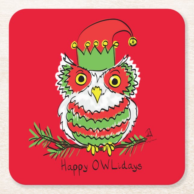 Owl Christmas Cute Funny Holiday Square Paper Coaster (Front)