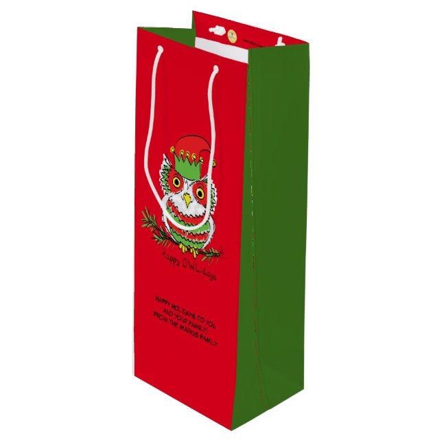 Owl Christmas Cute Funny Kids Wine Gift Bag (Front Angled)