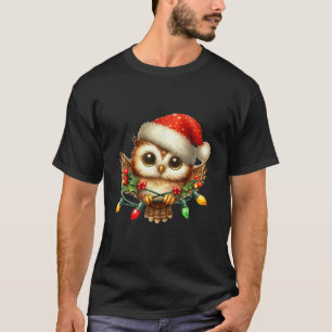 Owl Christmas Lights Santa Hat Xmas Owl Lover  T-Shirt