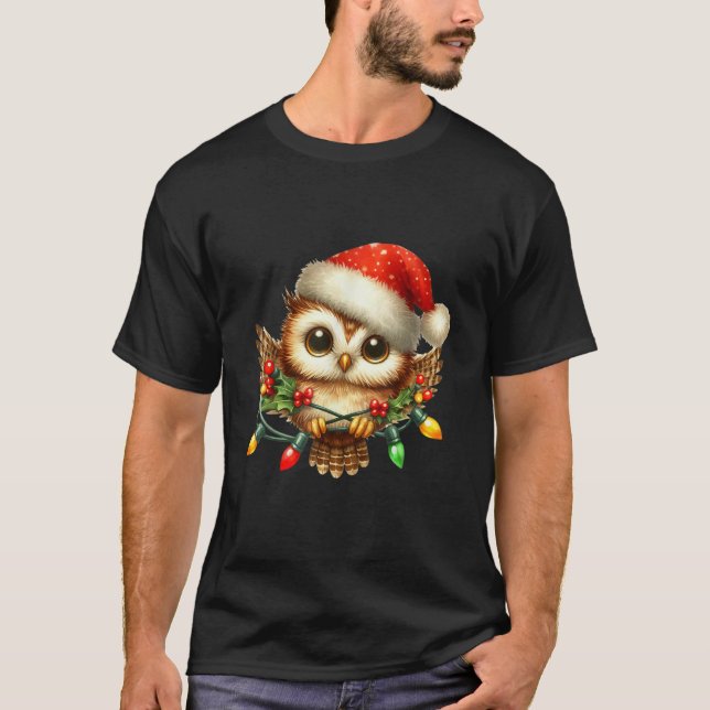 Owl Christmas Lights Santa Hat Xmas Owl Lover  T-Shirt (Front)