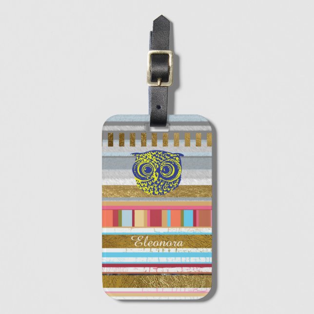 owl & colour stripes custom luggage tag (Front Vertical)