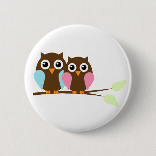 Owl couple on a branch 6 cm round badge