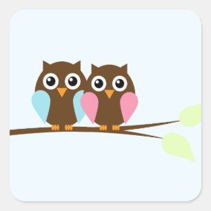 Owl couple on a branch square sticker