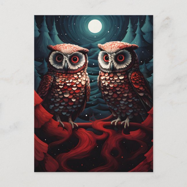 Owl couple pines and snow postcard (Front)