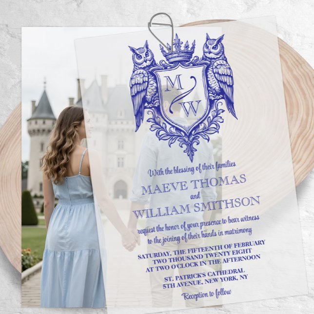 Owl Crest Royal Monogram Wedding Overlay Vellum Invitations (Creator Uploaded)