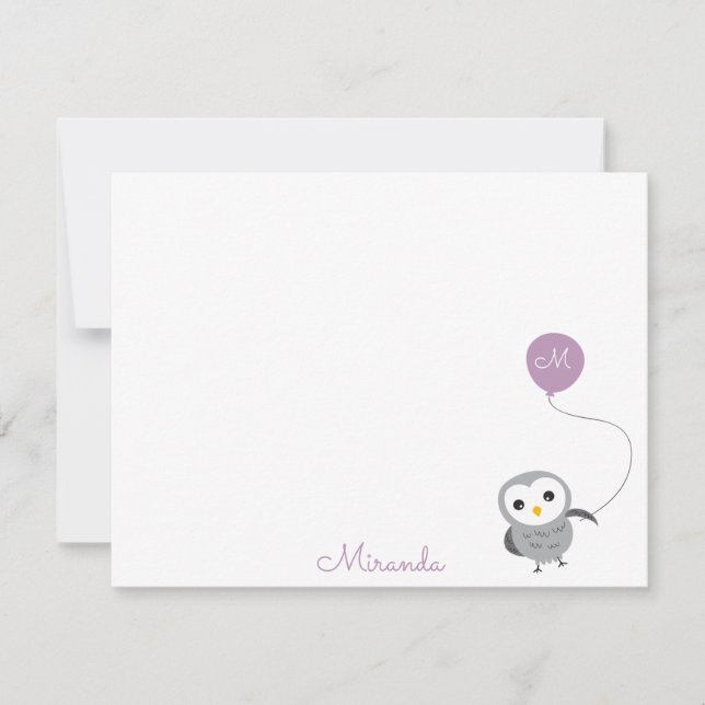 Owl Custom Thank you Note, Grey and Light Purple Card (Front)