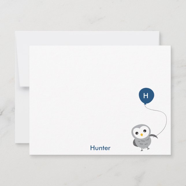 Owl Custom Thank you Note, Grey and Navy Blue (Front)