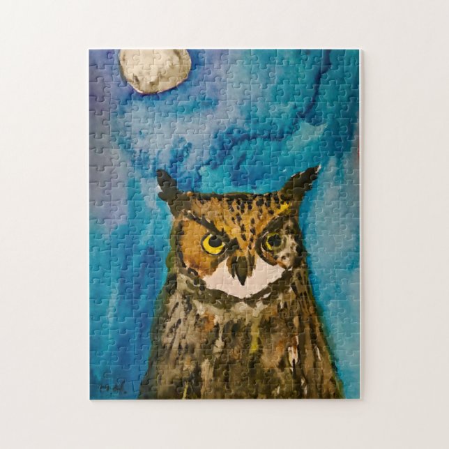 Owl Cute Bird Animal Moon Watercolor Forest Jigsaw Puzzle (Vertical)