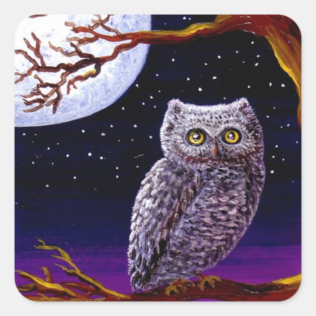 Owl Cute Funny Bird Art Wildlife Creationarts LRA Square Sticker (Front)