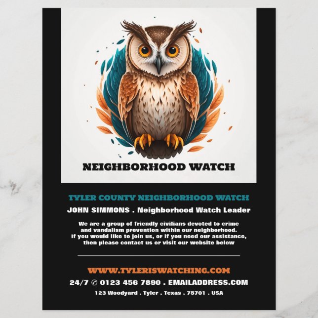 Owl Design, Neighborhood Community Watch Advert Flyer (Front)