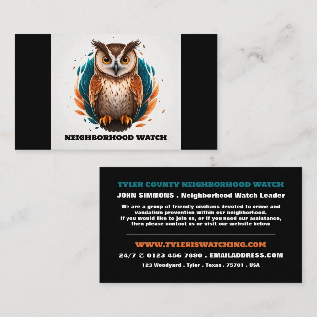 Owl Design, Neighborhood Community Watch  Business Card (Front/Back)