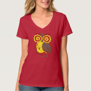 Owl Design w/ Red Yellow Brown, Ladies V-Neck T-Shirt
