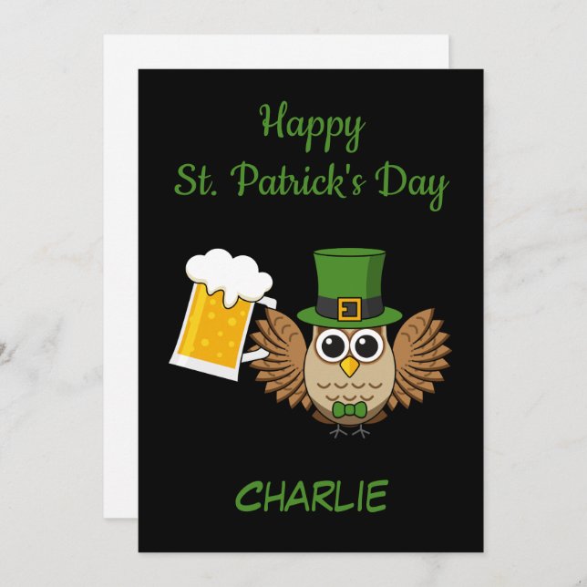 Owl Drinking Beer St Patrick's Day | Personalise Holiday Card (Front/Back)