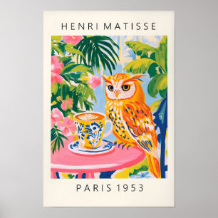 Owl Drinking Coffee Poster, Bird Art Print, Maxima Poster
