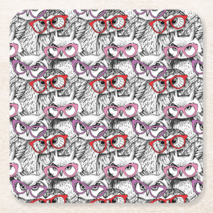 Owl Eyeglasses Pattern Square Paper Coaster