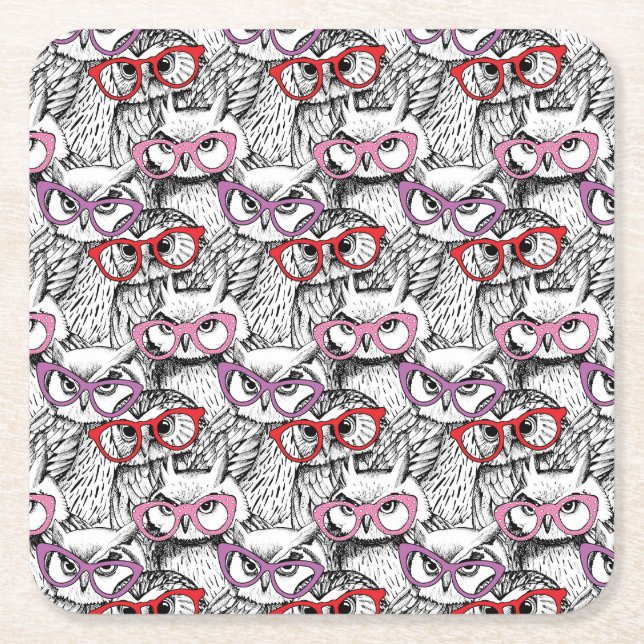 Owl Eyeglasses Pattern Square Paper Coaster (Front)