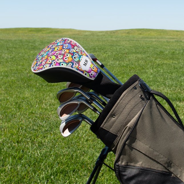 Owl faces colourful birds pattern monogram sports golf head cover (In Situ)