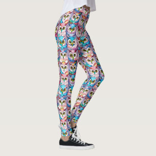 Owl faces colourful pattern nocturnal birds leggings
