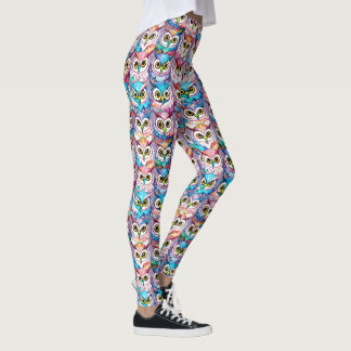 Owl faces colourful pattern nocturnal birds leggings