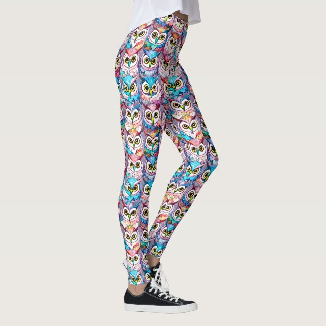 Owl faces colourful pattern nocturnal birds leggings (Right)