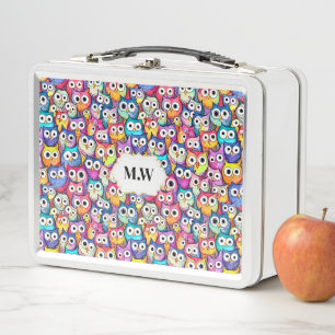 Owl faces doodle pattern birds monogram initials metal lunch box