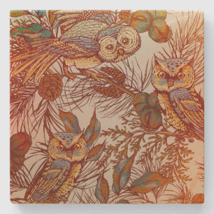 Owl fall pinecone vintage orange blue pattern rust stone coaster