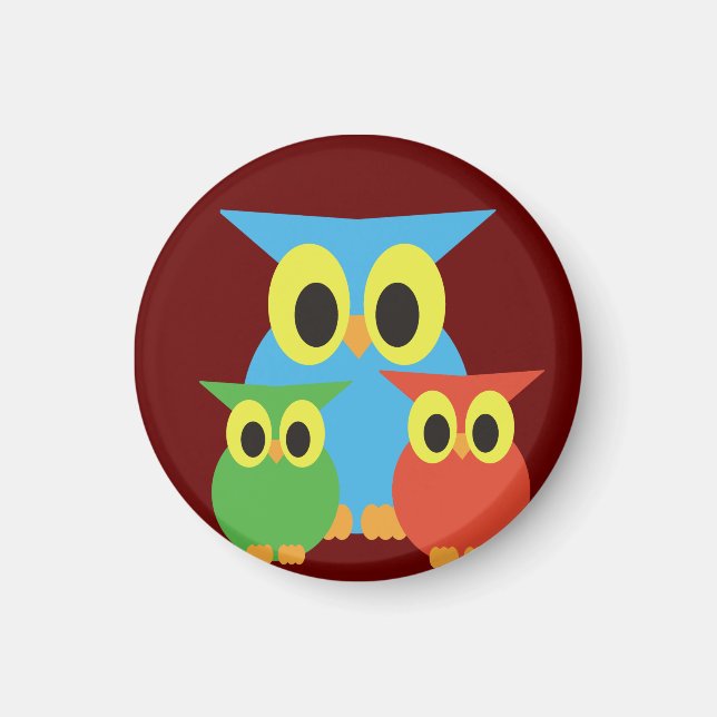 Owl Family: Blue, Green and Red Magnet (Front)