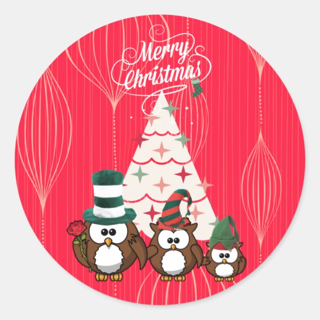 Owl Family Merry Christmas Classic Round Sticker (Front)