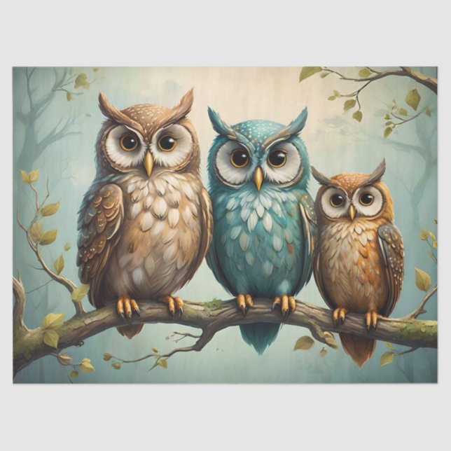 Owl Family on a Branch Tissue Paper (Front)