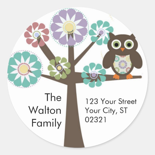 Owl Family Return address round sticker / label (Front)
