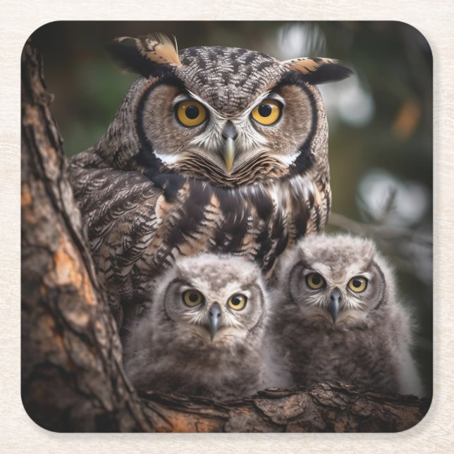 Owl Family Square Paper Coaster (Front)