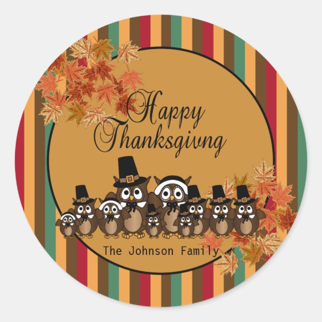Owl Family Thanksgiving Classic Round Sticker (Front)