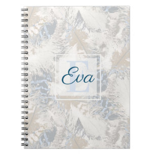 owl feathers are grey beige blue bird boho notebook