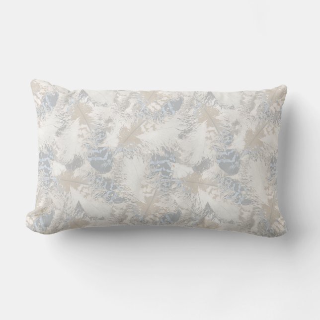 owl Feathers, gray, beige and blue, bird, light,  Lumbar Cushion (Front)