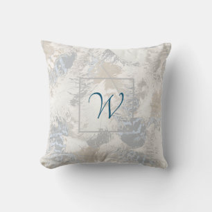 owl Feathers, gray, beige and blue, monogram Cushion
