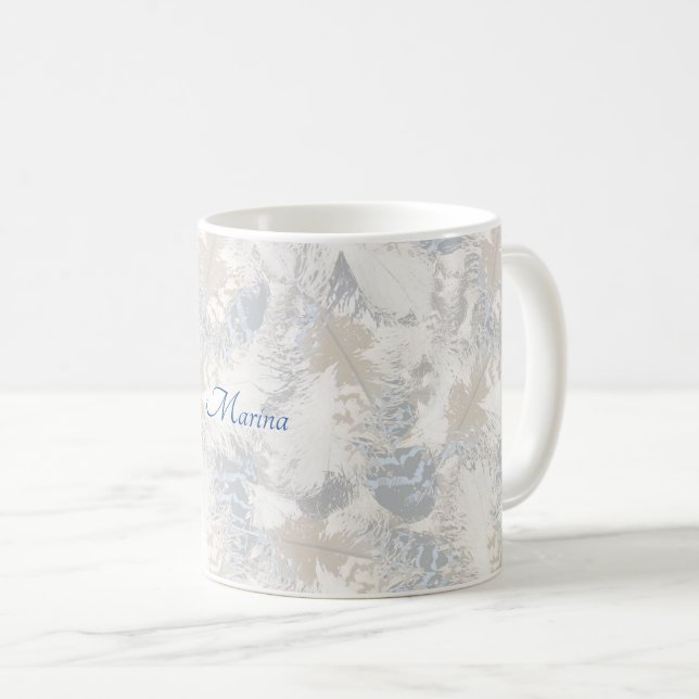 owl Feathers, grey, beige and blue, bird, light, Coffee Mug (Front Right)
